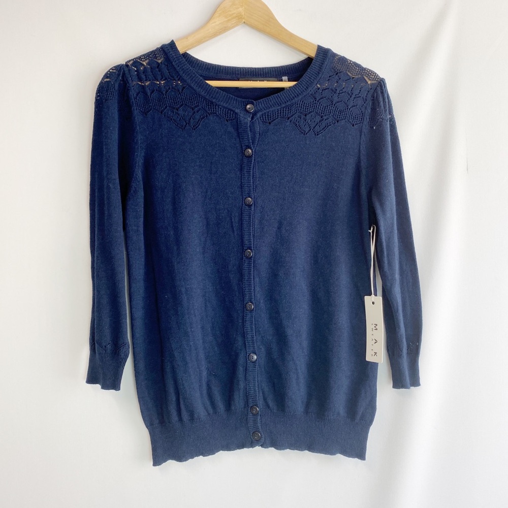 MAK sweater crew neck 3/4 sleeve knit cardigan navy - Picture 2 of 4